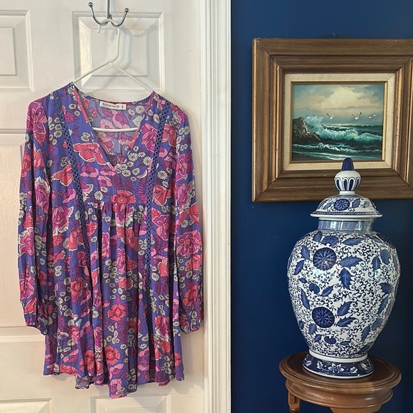 Women’s Rusttydustty Vibrant Floral Print Bishop Sleeve Smock Dress Size Small - Picture 2 of 8